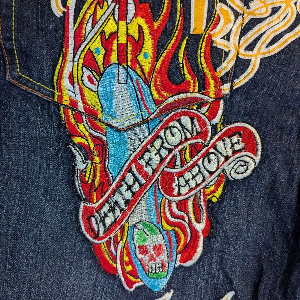 Christian Audigier Ed Hardy Vintage Embroidered Flame Skull Denim Shorts - 42×15 - Picture 14 of 15